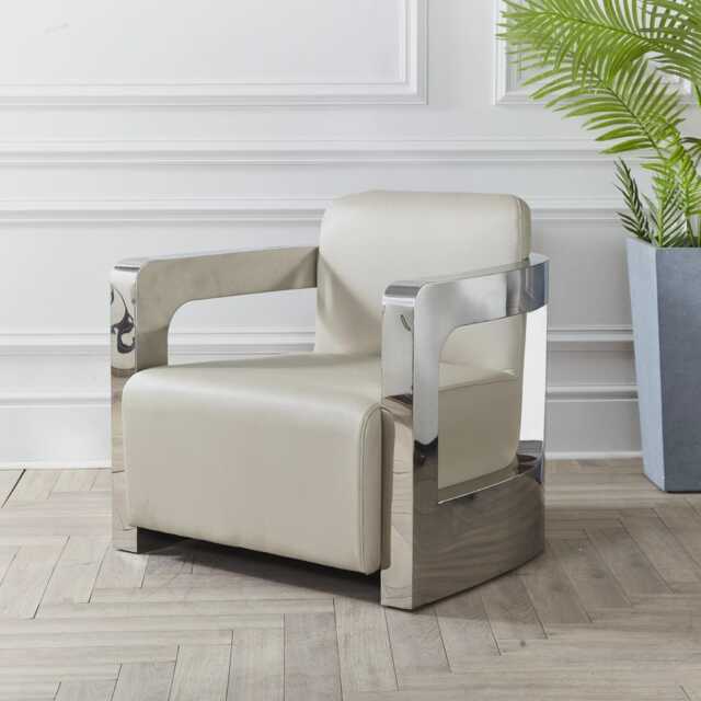 Tan Cream Brown Retro American Vintage Aviator Style Tub Accent Faux Leather Chunky Chrome Arm Chair Tom Cat - image 1