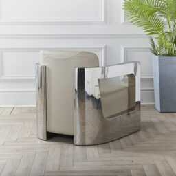 Tan Cream Brown Retro American Vintage Aviator Style Tub Accent Faux Leather Chunky Chrome Arm Chair Tom Cat - thumbnail 3
