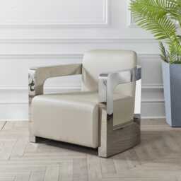 Tan Cream Brown Retro American Vintage Aviator Style Tub Accent Faux Leather Chunky Chrome Arm Chair Tom Cat