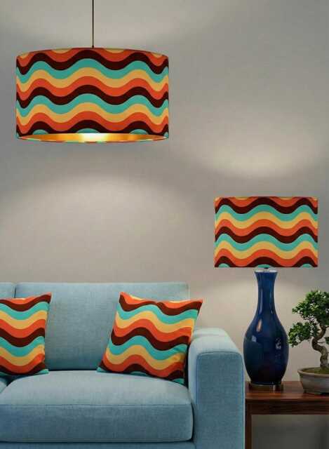 Handmade By Order Yellow Teal Brown Wave Pattern Velvet Drum Lamp Shade Pendant Light All Shapes & Sizes Available On Demand - image 1