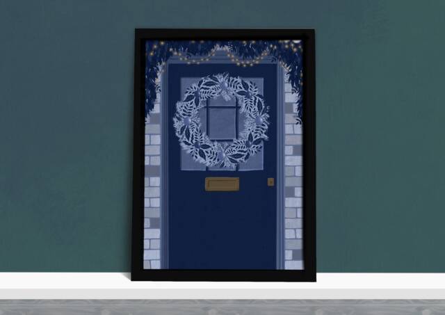 Festive Front Door Art Print - Christmas Wreath Blue Floral Decoration Illustrated Wall Holiday Decor - image 1