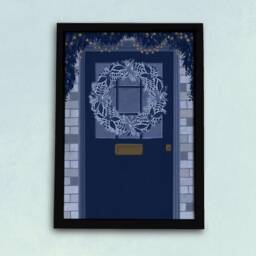 Festive Front Door Art Print - Christmas Wreath Blue Floral Decoration Illustrated Wall Holiday Decor - thumbnail 2