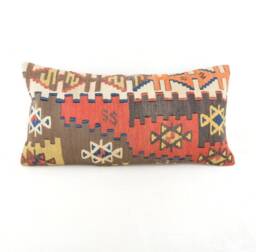 "Kilim Pillow, Wool Kilim Cousin From Anatolia , 12""x24" - thumbnail 1