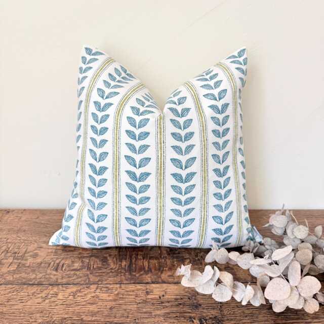 1717. Emmy Lagoon Blue Leaves Stripes, Handmade 100% Cotton Cushion Cover, Various Sizes - image 1