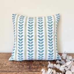 1717. Emmy Lagoon Blue Leaves Stripes, Handmade 100% Cotton Cushion Cover, Various Sizes - thumbnail 2