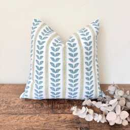 1717. Emmy Lagoon Blue Leaves Stripes, Handmade 100% Cotton Cushion Cover, Various Sizes - thumbnail 1