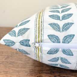 1717. Emmy Lagoon Blue Leaves Stripes, Handmade 100% Cotton Cushion Cover, Various Sizes - thumbnail 3