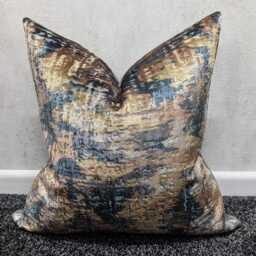 Luxury Teal Blue & Bronze Abstract Cushion Cover - Velvet Textured Designer Pillow For Sofa & Home D??cor - thumbnail 4