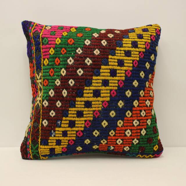 Handmade Wool Kilim Pillow Cover, Vintage Anatolian Design, 18x18 - image 1