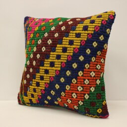 Handmade Wool Kilim Pillow Cover, Vintage Anatolian Design, 18x18 - thumbnail 2