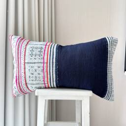 Hmong Pillow Cover - 16 X 26 Vintage Hemp Hand Block Print, Batik Indigo Cushion - thumbnail 2