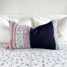 Hmong Pillow Cover - 16 X 26 Vintage Hemp Hand Block Print, Batik Indigo Cushion - thumbnail 1