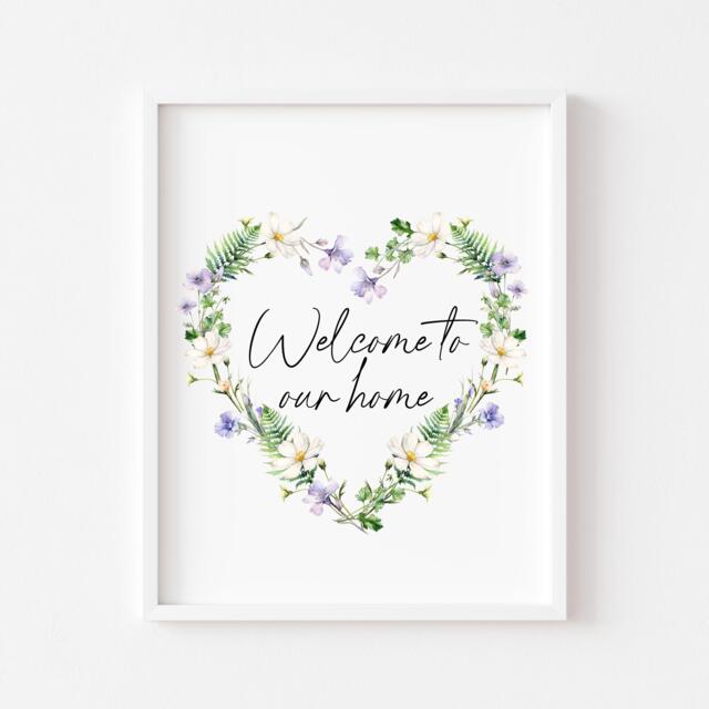 Floral Heart Wreath Print Welcome Home Unframed Wall Art Poster Print - image 1