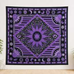 Purple Celestial Tapestry, Sun Moon Stars Wall Hanging, Gothic Boho Room Decor, Witchy Astrology Fabric Art, Cotton 54x84 Inch - thumbnail 4