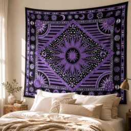 Purple Celestial Tapestry, Sun Moon Stars Wall Hanging, Gothic Boho Room Decor, Witchy Astrology Fabric Art, Cotton 54x84 Inch