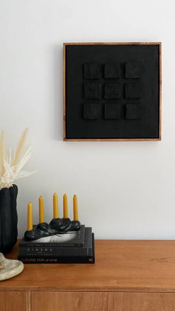 Black Oversized Abstract Plaster Art - 3D Wall Paint Canvas Wabi Sabi Checkered - image 1