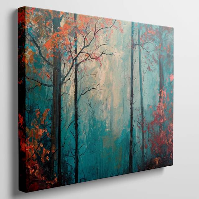 Abstract Forest Canvas Print Teal & Red Autumnal Hues, Modern Nature Wall Art - image 1