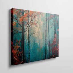 Abstract Forest Canvas Print Teal & Red Autumnal Hues, Modern Nature Wall Art - thumbnail 3
