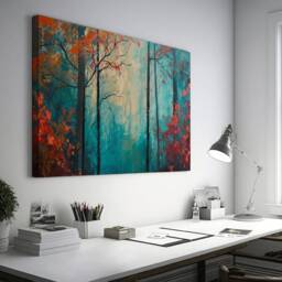 Abstract Forest Canvas Print Teal & Red Autumnal Hues, Modern Nature Wall Art - thumbnail 2