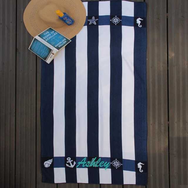 Personalised Beach Towels Embroidered Name Or Initials - Navy & White Striped Sunbathing Swimming Towel - image 1