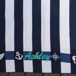 Personalised Beach Towels Embroidered Name Or Initials - Navy & White Striped Sunbathing Swimming Towel - thumbnail 2