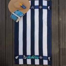 Personalised Beach Towels Embroidered Name Or Initials - Navy & White Striped Sunbathing Swimming Towel