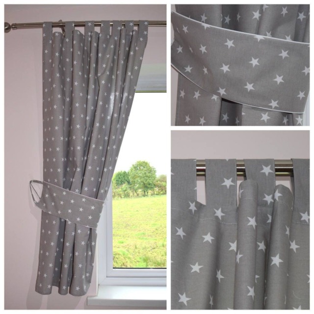Curtains Grey White Stars 100% Cotton Baby Bedroom Tab Top Curtains With Tiebacks 150 X 150cm - image 1