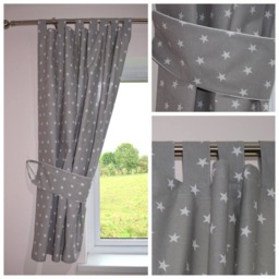 Curtains Grey White Stars 100% Cotton Baby Bedroom Tab Top Curtains With Tiebacks 150 X 150cm
