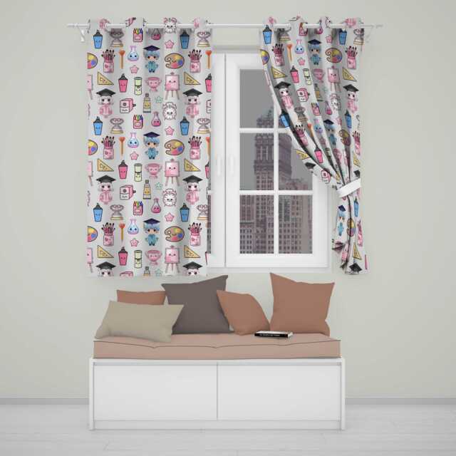 Cute Kawaii Graduation Student Art Supplies Neutral Seamless Pattern Readymade Eyelet Ring Top Thermal 100% Blackout Curtains - image 1