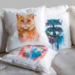 Cat Throw Pillow Cover By Slaveika Aladjova, Cushion Cover, Decorative Pillow Cover, Animal Art, Watercolor Pillow, Christmas Gift - thumbnail 2