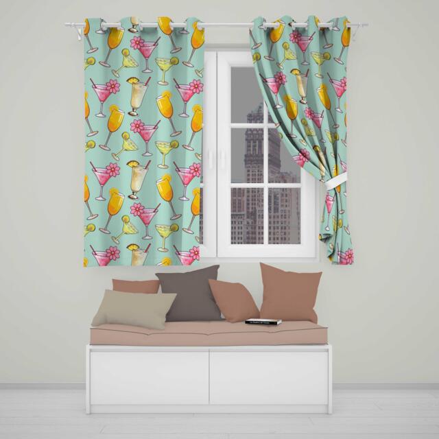 Tropical Cocktail Drinks Seamless Pattern Teal Background Readymade Eyelet Ring Top Thermal 100% Blackout Curtains - image 1