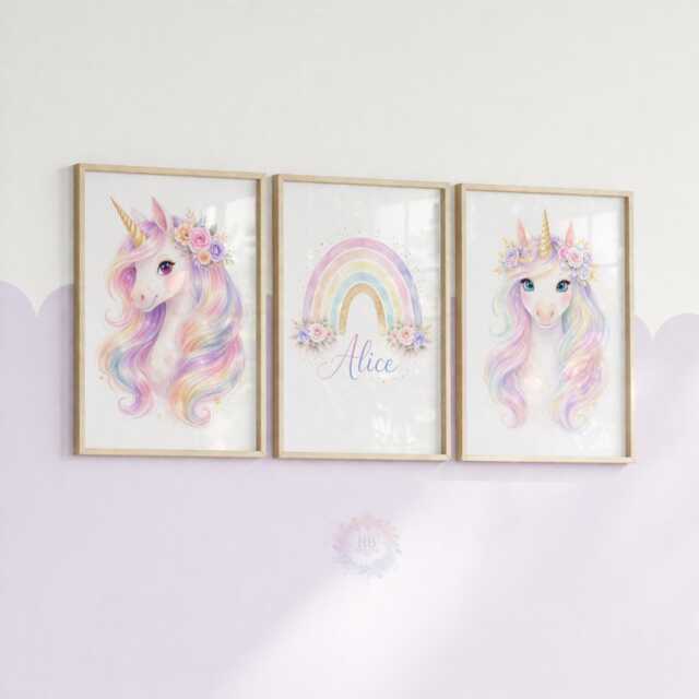 Unicorn Girls Bedroom Prints - Personalised Colorful Set Of 3, Rainbow Nursery Wall Art - image 1