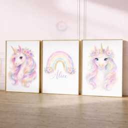 Unicorn Girls Bedroom Prints - Personalised Colorful Set Of 3, Rainbow Nursery Wall Art - thumbnail 2