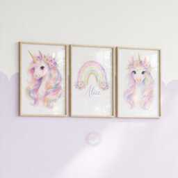 Unicorn Girls Bedroom Prints - Personalised Colorful Set Of 3, Rainbow Nursery Wall Art