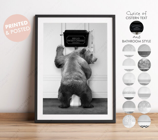 Black & White Bear Using The Toilet With, Brown Victorian Toilet, Funny Bathroom Print, Animal On Peeing, Whimsy - image 1