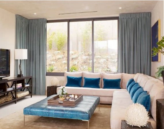 Pair Of Carolina Blue Velvet Curtains, Silky Living Room Custom Curtains - image 1