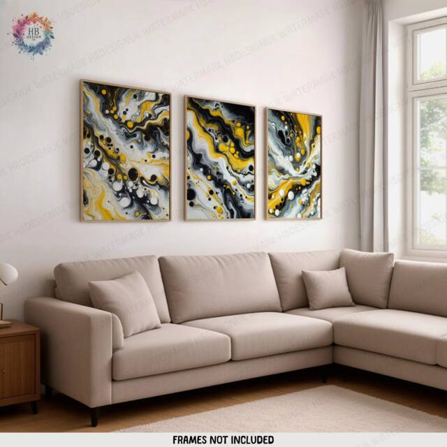Black & Yellow Fluid Print Set - Living Room Wall Art - Home Decor Of 3 Prints Colourful Liquid Artwork Modern Ink Poster - image 1