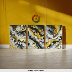Black & Yellow Fluid Print Set - Living Room Wall Art - Home Decor Of 3 Prints Colourful Liquid Artwork Modern Ink Poster - thumbnail 2