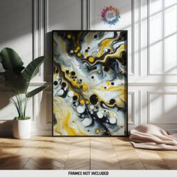 Black & Yellow Fluid Print Set - Living Room Wall Art - Home Decor Of 3 Prints Colourful Liquid Artwork Modern Ink Poster - thumbnail 3