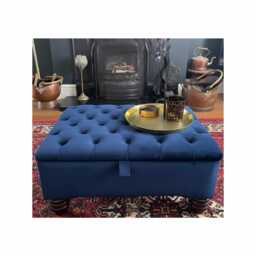 Plush Velvet Storage Ottoman Box With Mahogany Wooden Legs Tufted Coffee Table, Bedroom Seating