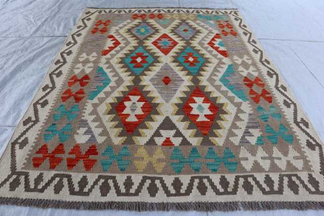 5x6 White Turkmen Oriental Rug, New Tribal Rug, Afghan Maimana Kilim Vintage Flatweave Rug For Bedroom, Living Room - image 1