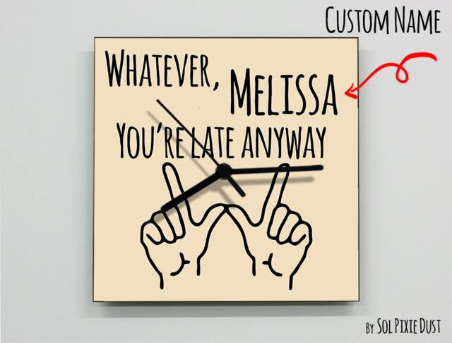 Custom Name Whatever, You're Late Anyway Hand Symbol/Square Beige - Wall Clock - image 1