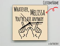 Custom Name Whatever, You're Late Anyway Hand Symbol/Square Beige - Wall Clock - thumbnail 1