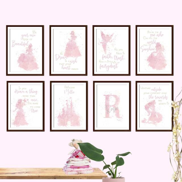Personalised Princess Wall Art, Girls Bedroom Decor, Custom Name Nursery Print, Pink Set, Gift For Room Or Toddler, Fairytale - image 1