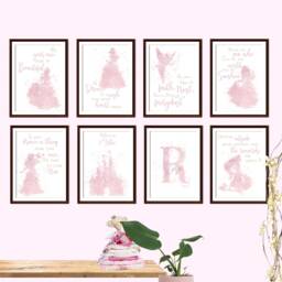 Personalised Princess Wall Art, Girls Bedroom Decor, Custom Name Nursery Print, Pink Set, Gift For Room Or Toddler, Fairytale - thumbnail 1