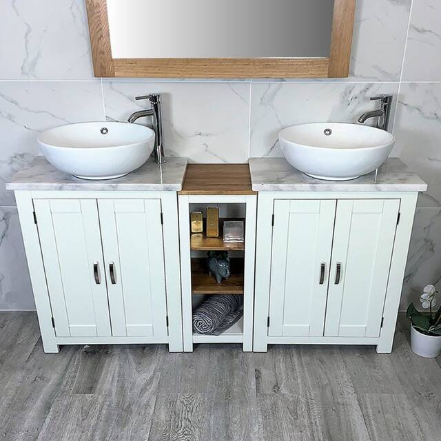 Bathroom Vanity Unit - Sink Washstand Slimline White Painted With Marble Worktop & Sit On Basins Taps Plugs Included - image 1