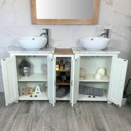 Bathroom Vanity Unit - Sink Washstand Slimline White Painted With Marble Worktop & Sit On Basins Taps Plugs Included - thumbnail 3