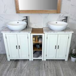 Bathroom Vanity Unit - Sink Washstand Slimline White Painted With Marble Worktop & Sit On Basins Taps Plugs Included