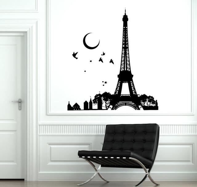 Wall Decal Paris France Eiffel Tower Night Moon Birds Vinyl Sticker 1823Dz - image 1