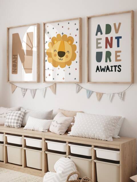 3 Boys Nursery Prints, Lion Print, Wall Art, Bedroom Decor, Adventure Awaits, Jungle Safari Decor - image 1